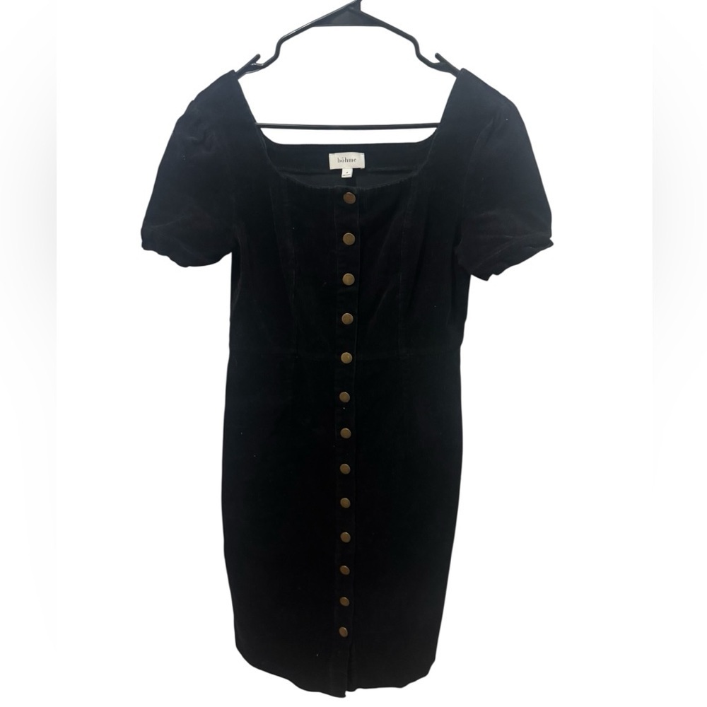 Böhme black corduroy front button-down puff shoulder midi dress Size Medium - Picture 2 of 5